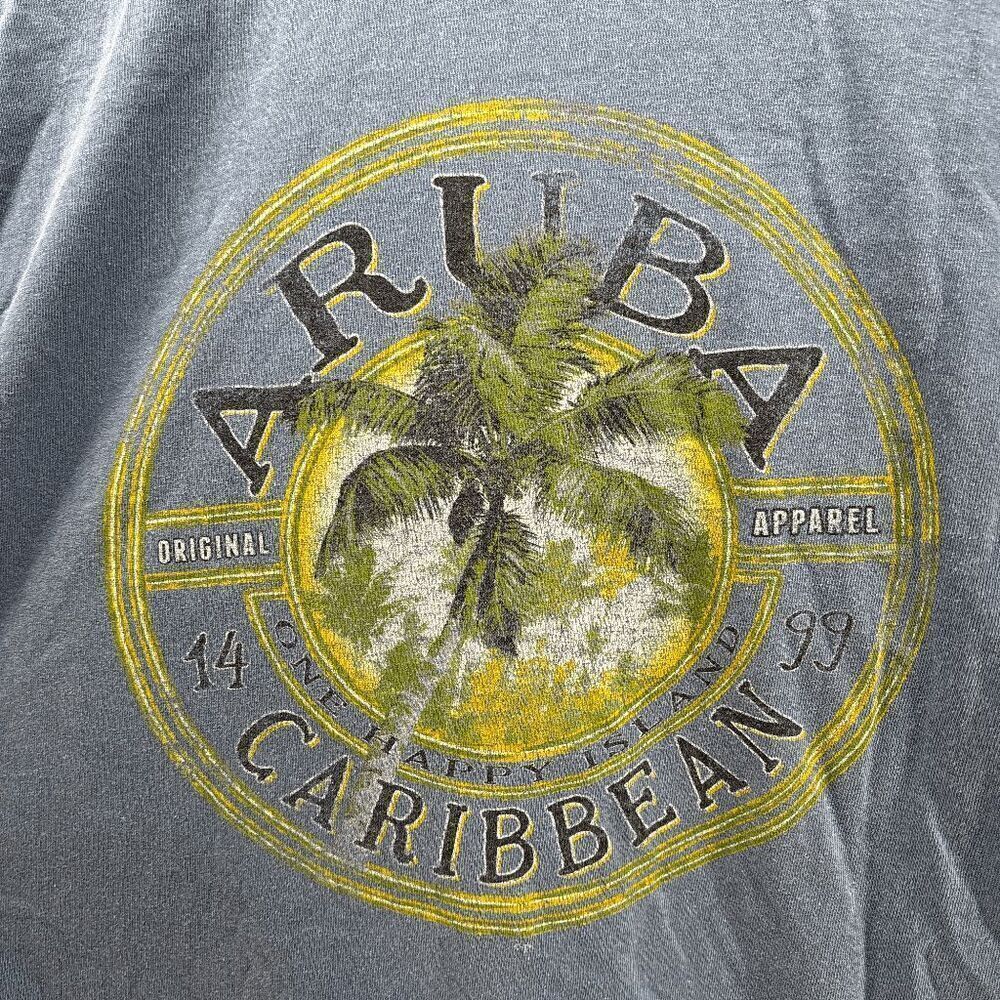 Vintage Blue 84 Aruba‎ Caribbean One Happy Island Graphic Shirt Mens L Palm Tree